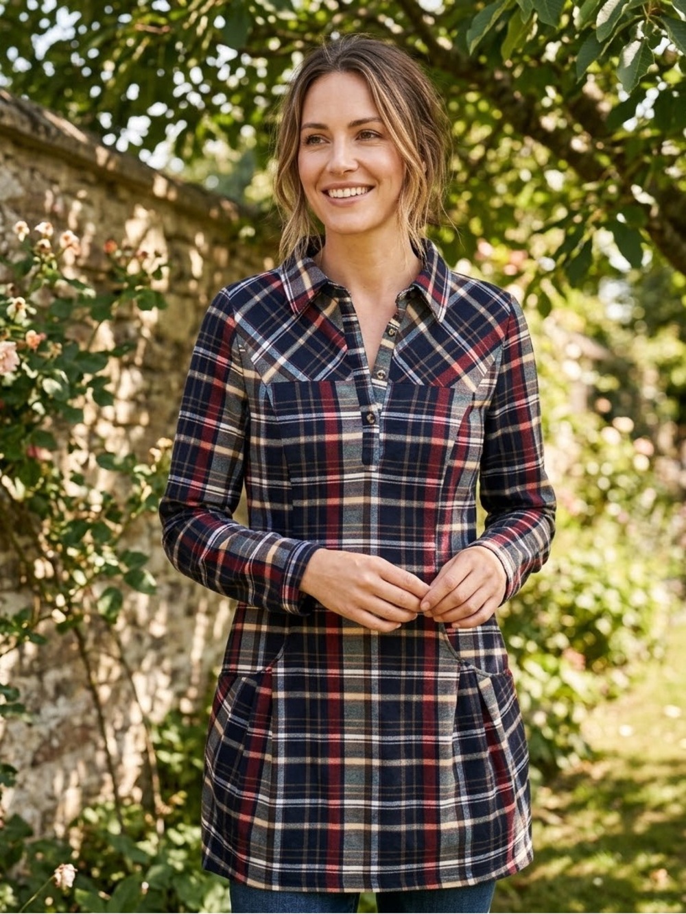 Sz S Papillon Plaid Stretch Fall Preppy Tunic
